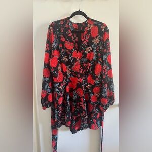 Womens Floral Print Romper Long Sleeve Ruffle Hem Jumpsuit